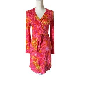Floral Wrap Dress in Vibrant Pink and Yellow